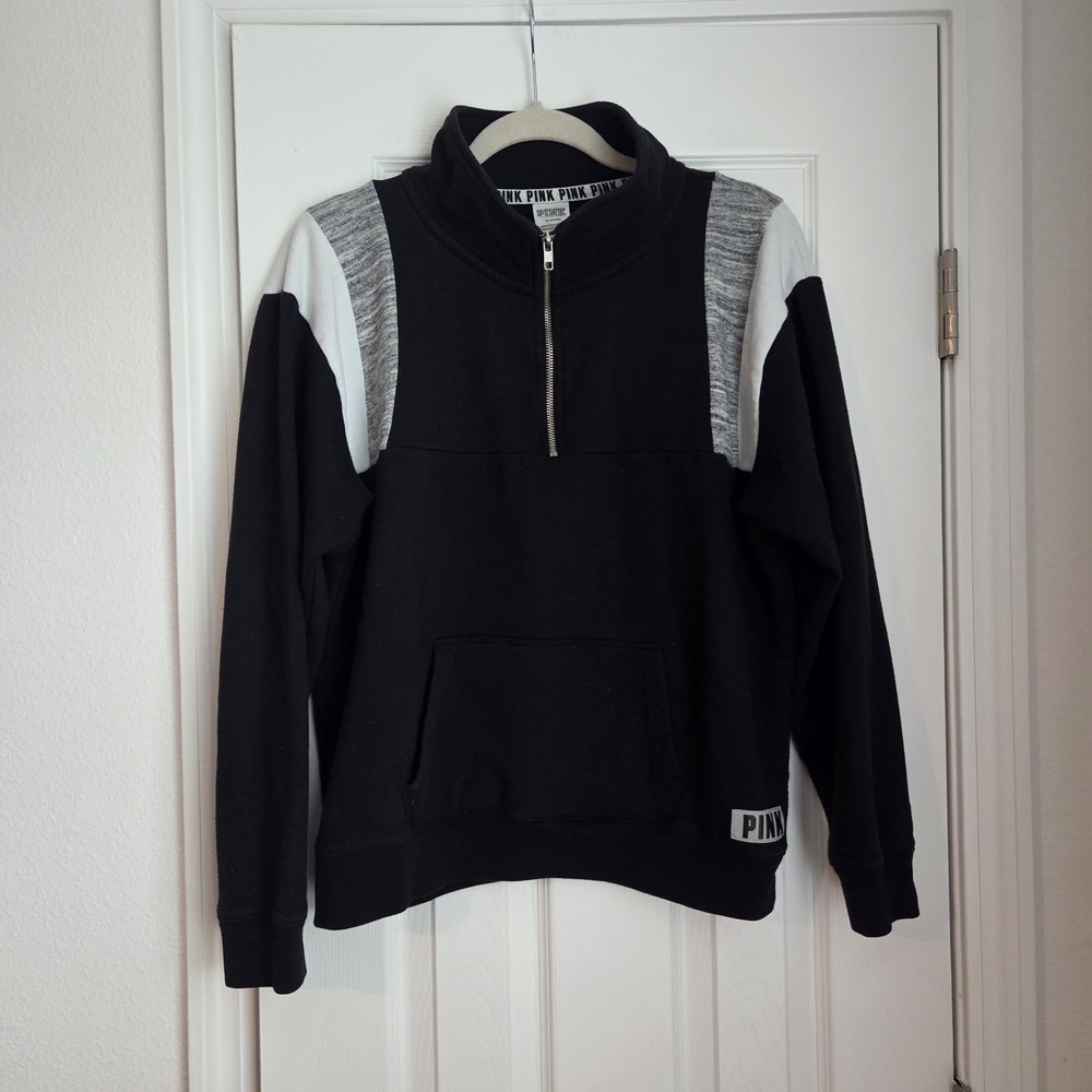 Victoria's Secret PINK M Black/Grey 1/4 Zip Sweater Pullover w Pocket Y2K